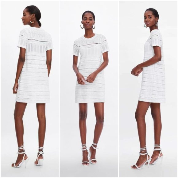 Zara Dresses Zara Bright White Laser Cut Bandage Knit Aline Mini